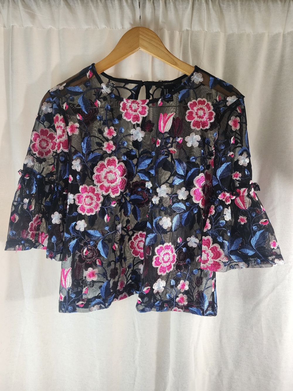 Forever 21 Black Sheer Blouse with Pink & Blue Floral Embroidery M